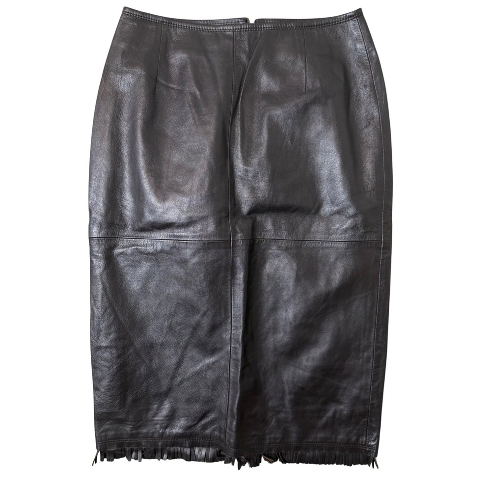 Iceberg Paneled Leather‎ Fringe Hem Pencil Skirt Made in Italy Size 40 S Brown